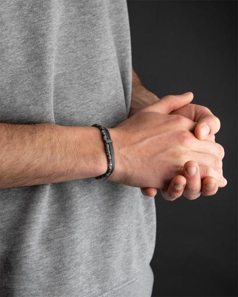 Dreifaches Armband mit italienischem Leder und 2 mm Larvikit-Stein - Triplux Grey